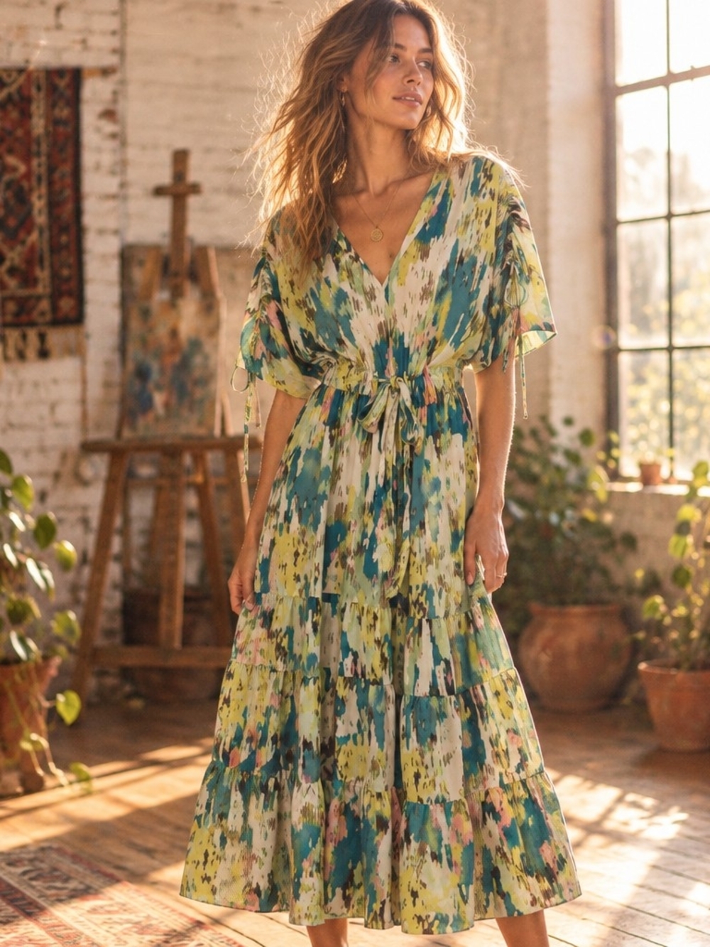 Boho Tiered V-Neck Floral Midi Dress - Multicolor